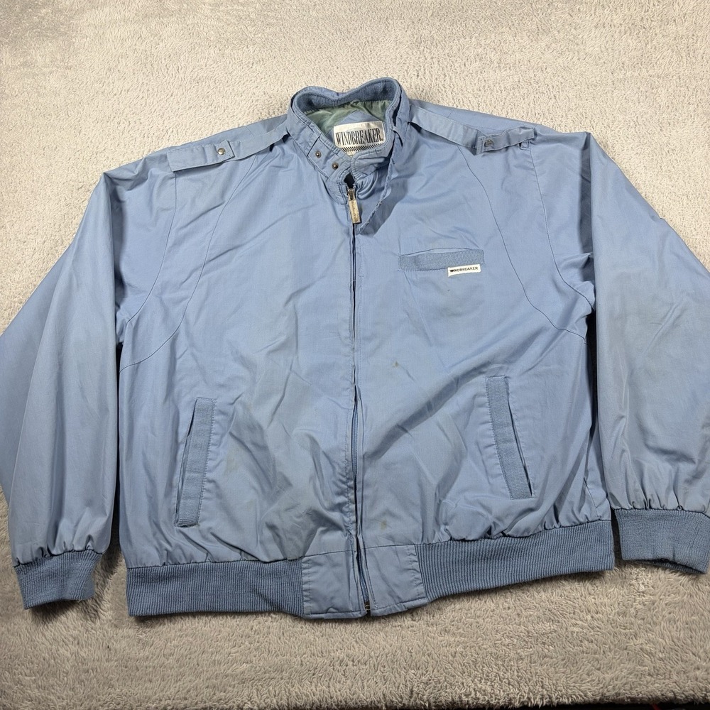VINTAGE 80s Windbreaker Bomber Jacket Mens XL Blue Funnel Neck Snap Epaulets